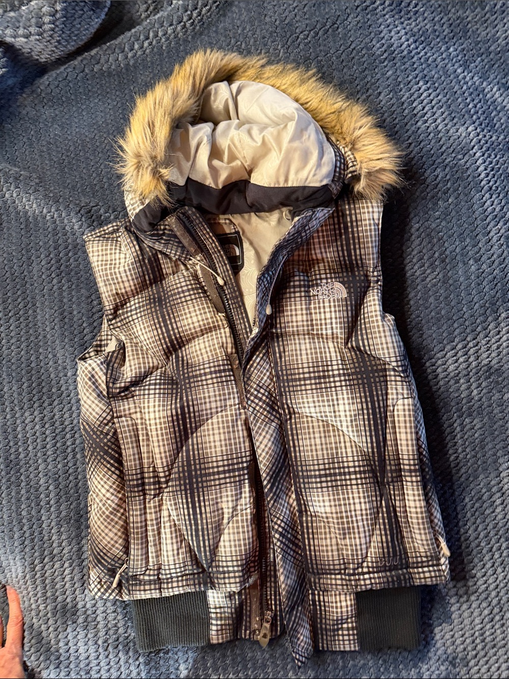 The North Face Woman's Plaid Puffer Vest with Faux-Fur Hood - Brown/Beige/Black